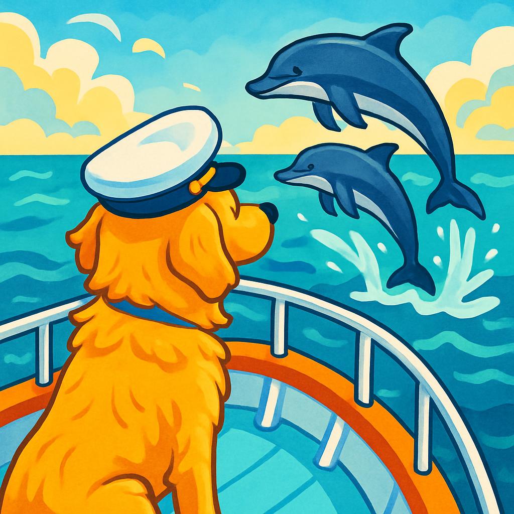 Illustration of a dog captain of a ship watching dolphins in the ocean.