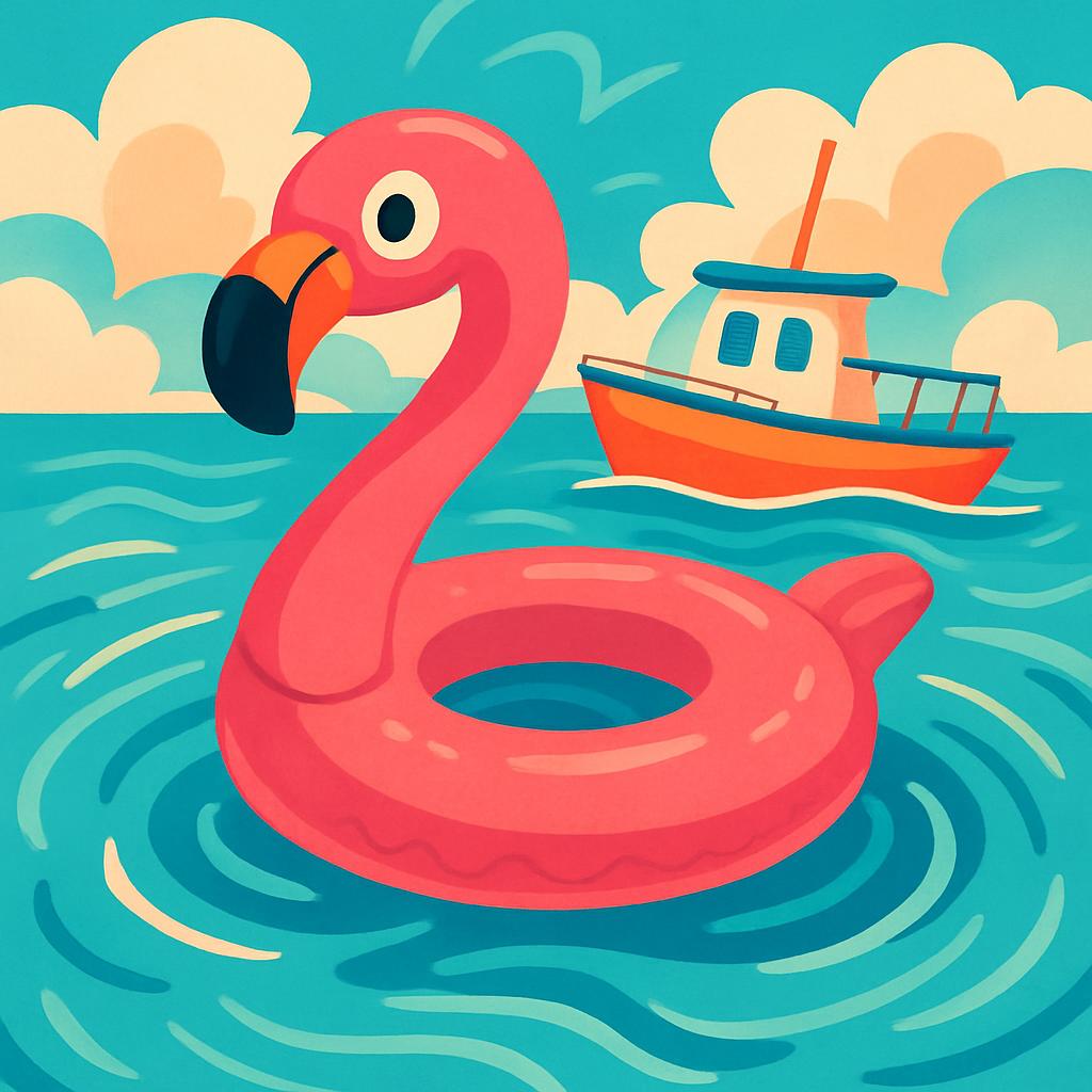 An illustration of a pink inflatable flamingo float in water, with a boat in the background against a blue sky with clouds.