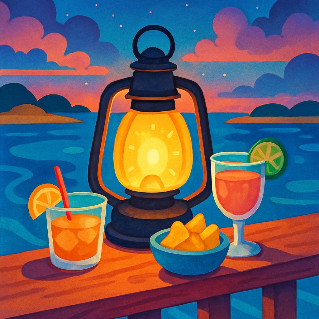 A romantic lakeside scene with margaritas and a lantern, a bowl of chips, and a forest or mountains in the background.