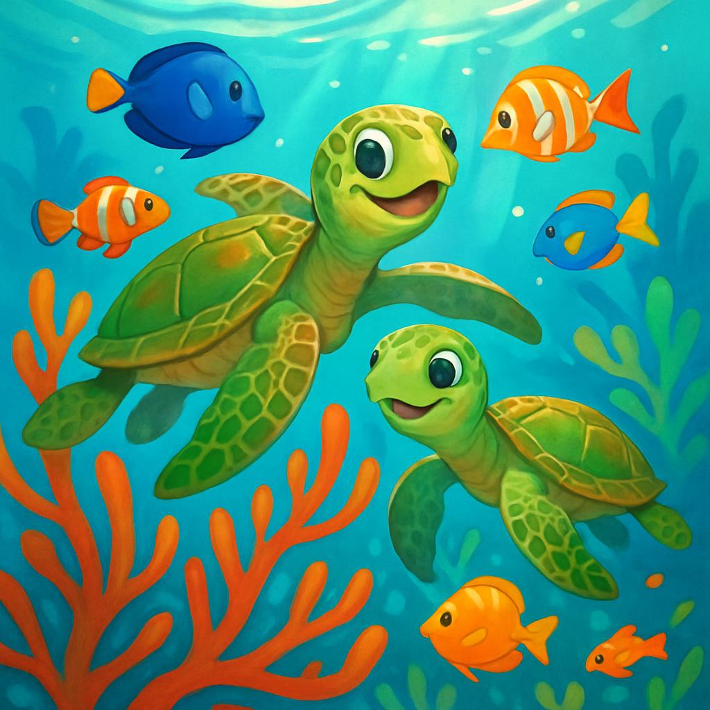 Two cartoon turtles underwater. Several fish, red coral, and sea weed can also be seen in the imageнівер.