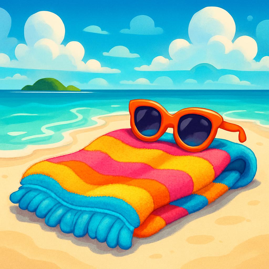 A cartoon illustration of a beach scene, featuring a vibrant striped towel and orange sunglasses on a sandy beach by the o...